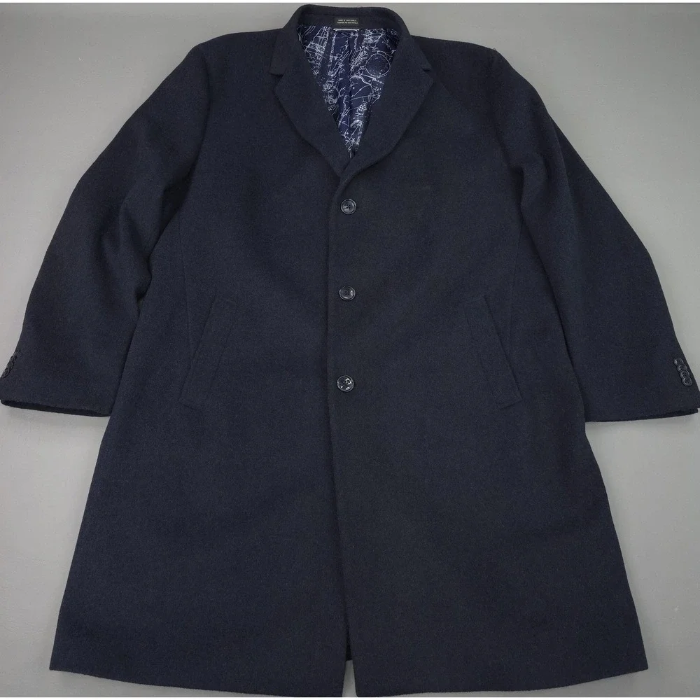 Nautica Coat Mens 48 Blue Wool Single Breasted Long Lined Overcoat Classic